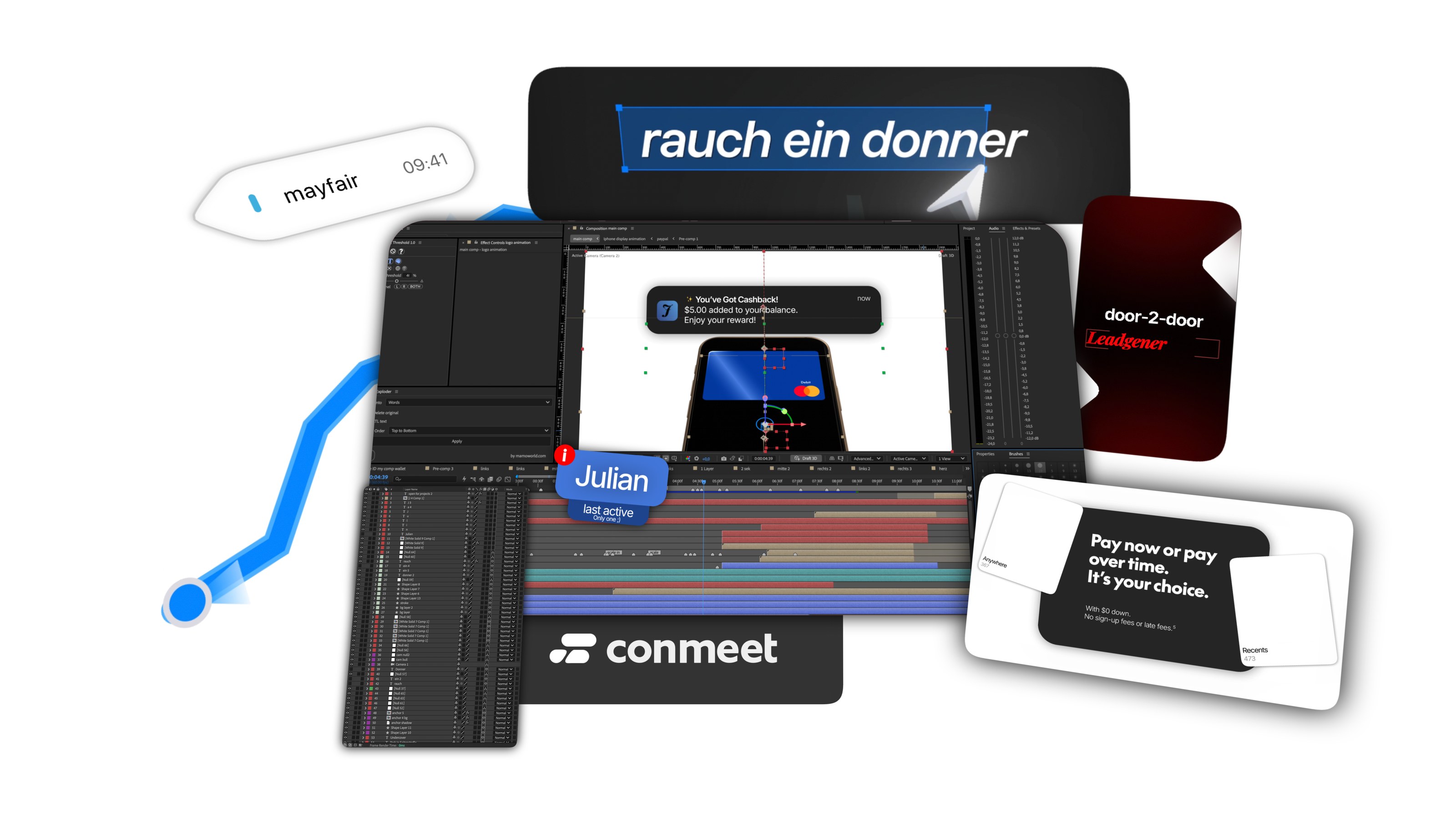A collage of past motion design work: app UI animations, After Effects timelines and client project screenshots